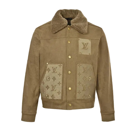 Louis Vuitton Monogram Jacquard Patch Suede Sherpa Collar Bomber Jacket – Camel