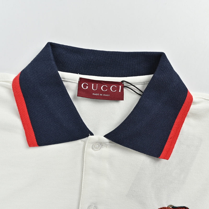 Gucci White Navy-Red Contrast Collar Horsebit GG Piqué Polo