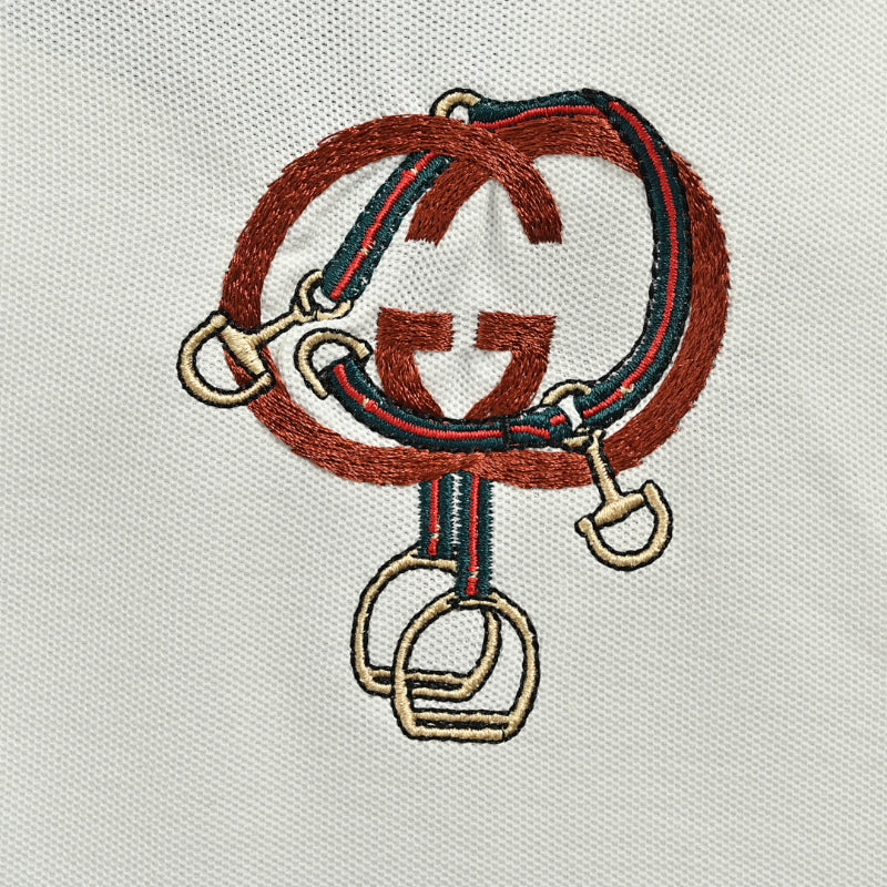Gucci White Navy-Red Contrast Collar Horsebit GG Piqué Polo