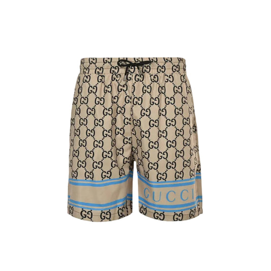 Gucci All-Over Dual-Letter Jacquard Swim Shorts – Sand / Blue Stripe Hem