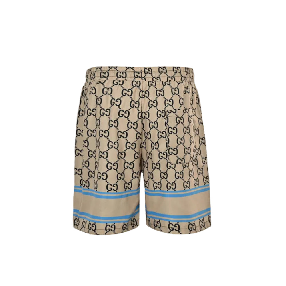 Gucci All-Over Dual-Letter Jacquard Swim Shorts – Sand / Blue Stripe Hem