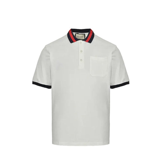 Gucci White Piqué Navy Red Stripe Collar Chest Pocket Polo Shirt