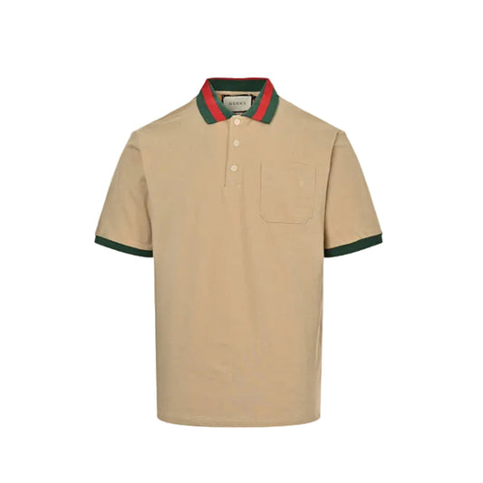 Gucci Beige Piqué Web Stripe Collar Chest Pocket Polo Shirt