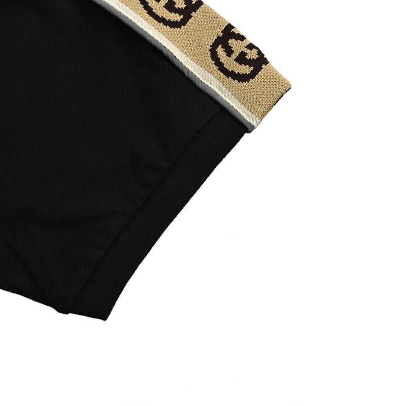 Gucci Black Piqué Contrast Collar GG Monogram Jacquard Shoulder Tape Polo Shirt