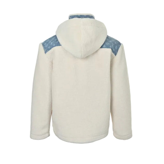 Louis Vuitton Monogram Denim Panel Sherpa Hooded Zip Jacket – Cream / Blue