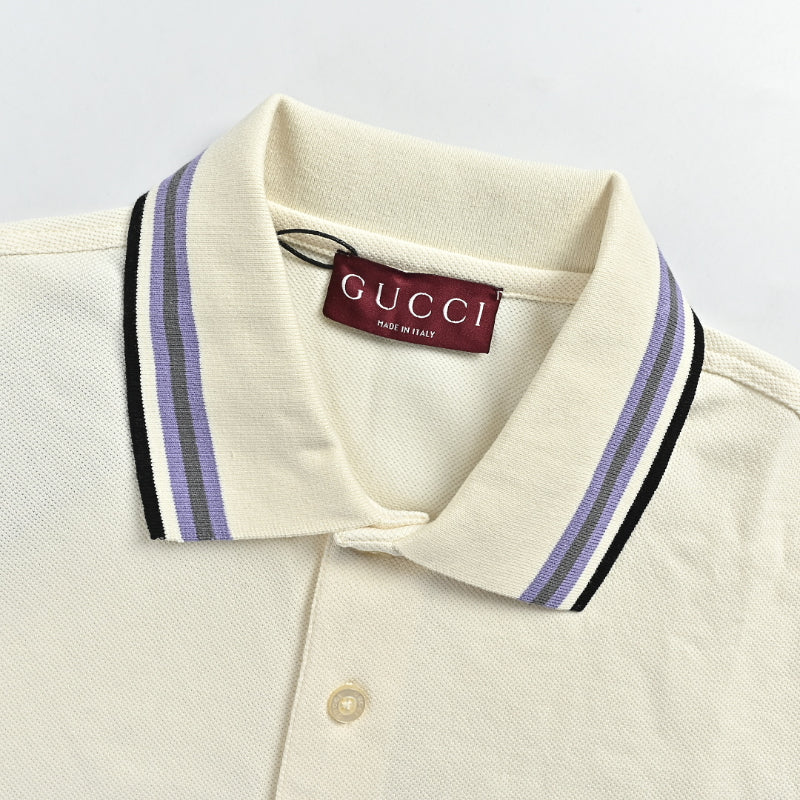 Gucci Ivory Purple-Stripe Collar Piqué Polo Shirt