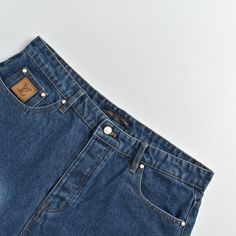 Louis Vuitton Leather Patch Washed Denim Shorts — Indigo Blue