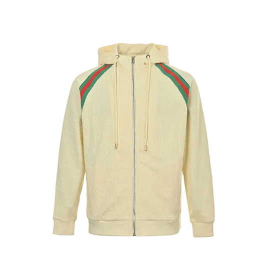 Gucci Ivory Heavyweight Hooded Full-Zip Jacket with Shoulder Heritage Stripe