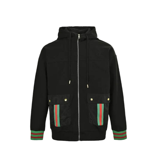 Gucci Black Hooded Full-Zip Jacket with Heritage Stripe Pockets and Cuffs