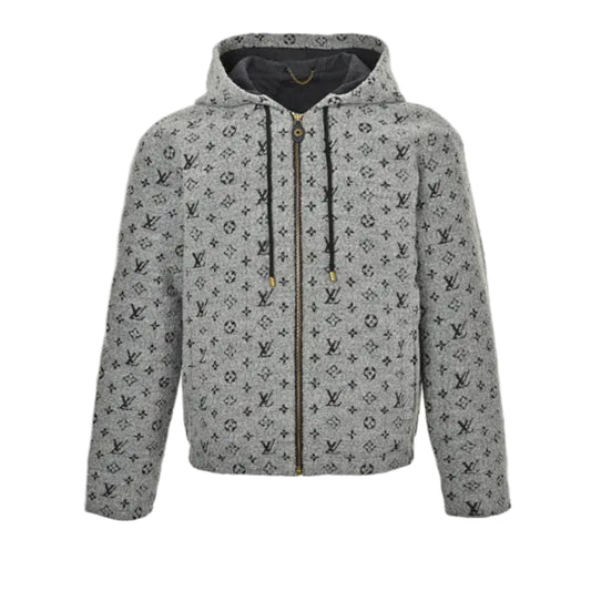 Louis Vuitton Monogram Allover Print Bouclé Hooded Zip Jacket – Grey