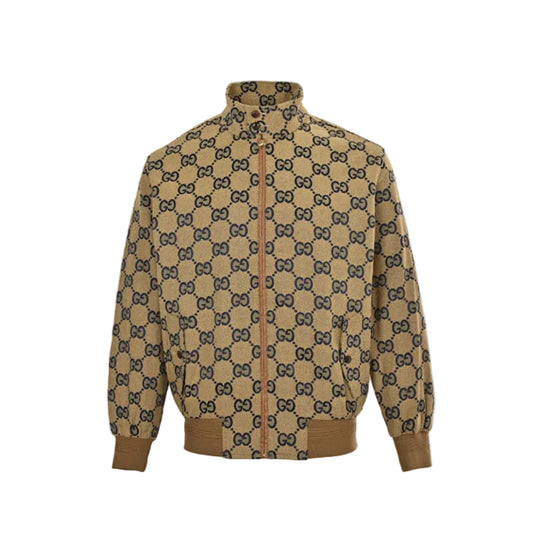 Gucci Camel All-Over Monogram Harrington Jacket with Ribbed Cuffs