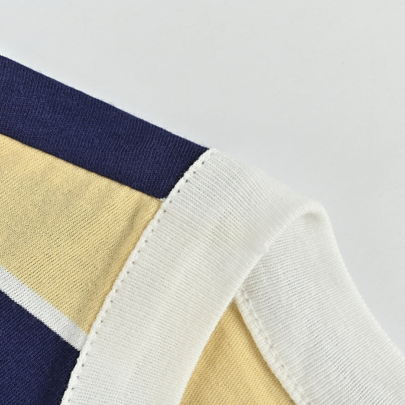 PRADA Milano Bold Stripe Sky Blue Leather Label Chest Pocket Crewneck Tee PRD Navy Yellow