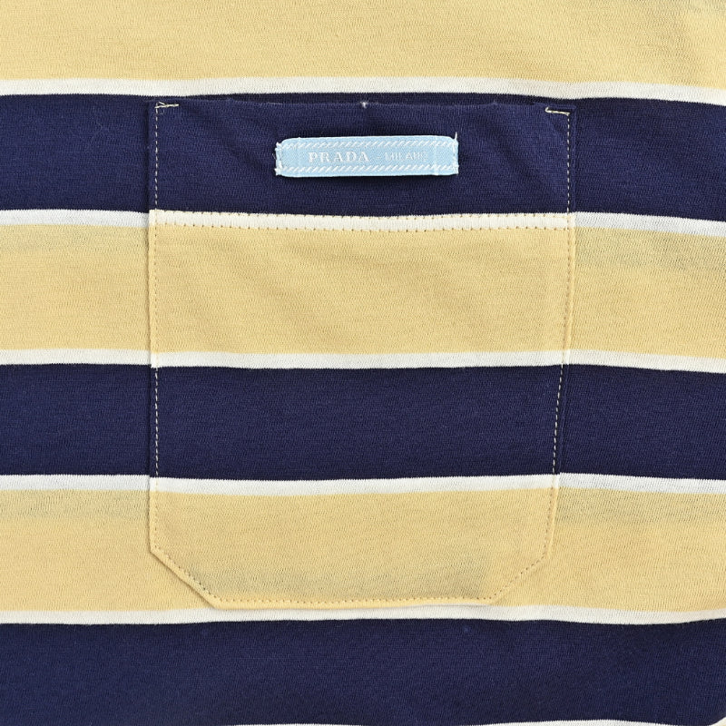 PRADA Milano Bold Stripe Sky Blue Leather Label Chest Pocket Crewneck Tee PRD Navy Yellow