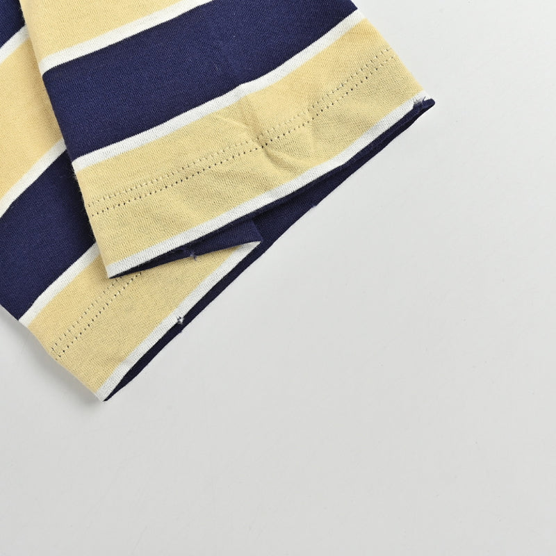 PRADA Milano Bold Stripe Sky Blue Leather Label Chest Pocket Crewneck Tee PRD Navy Yellow