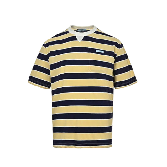 PRADA Milano Bold Stripe Sky Blue Leather Label Chest Pocket Crewneck Tee PRD Navy Yellow