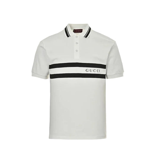 Gucci Off-White Piqué Stripe Chest Band Wordmark Embroidered Polo Shirt