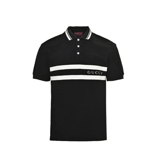 Gucci Black Piqué Stripe Chest Band Wordmark Embroidered Polo Shirt
