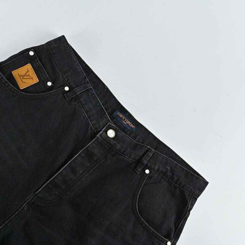 Louis Vuitton Leather Tab Wide-Leg Jeans — Black