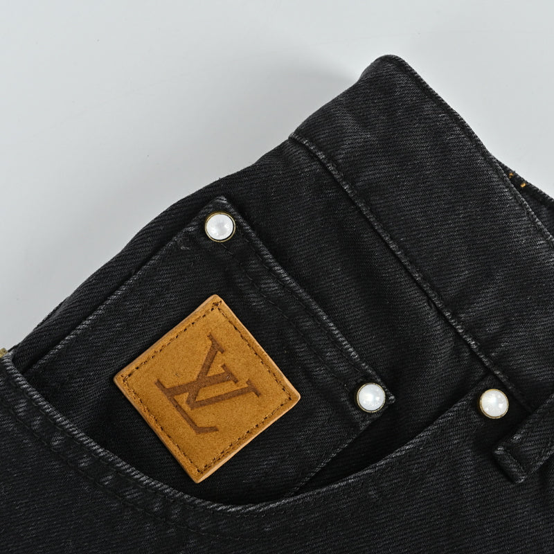 Louis Vuitton Leather Tab Wide-Leg Jeans — Black