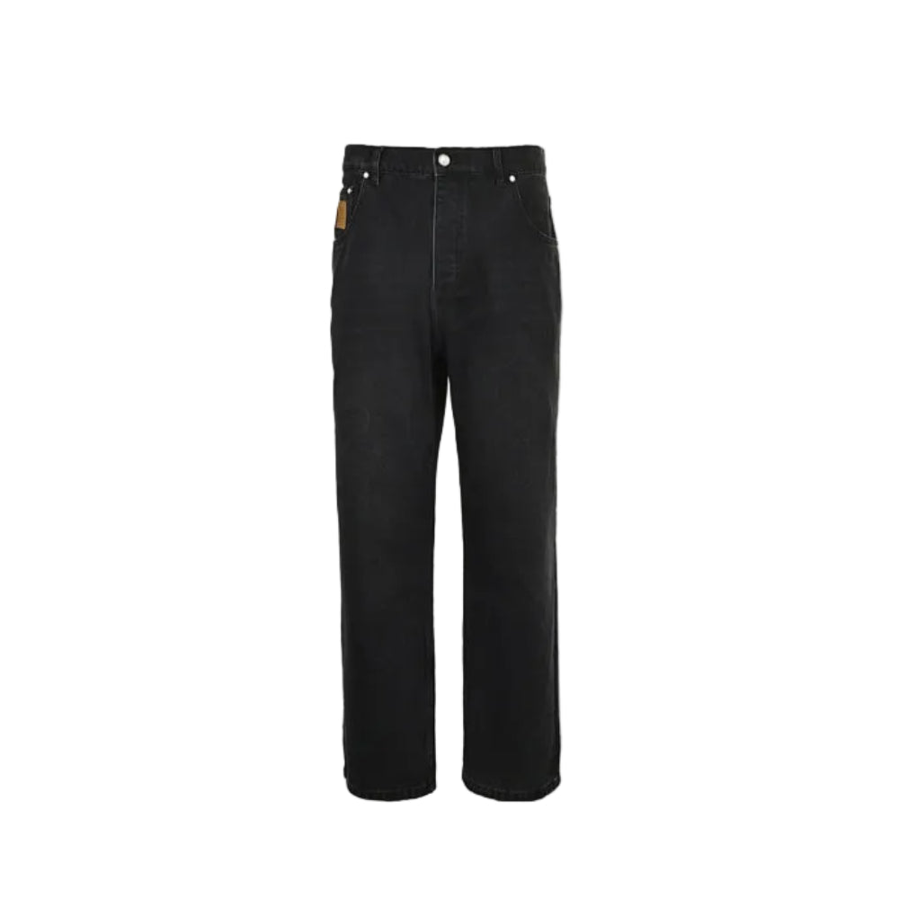 Louis Vuitton Leather Tab Wide-Leg Jeans — Black