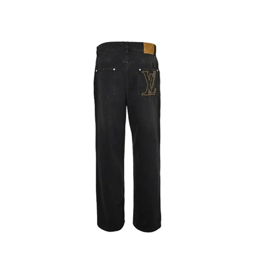 Louis Vuitton Leather Tab Wide-Leg Jeans — Black