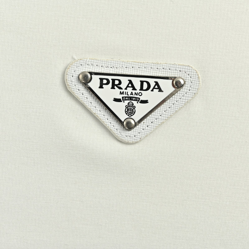 PRADA Milano Dal 1913 Saffiano Leather Triangle Logo Crewneck Tee PRD Off-White