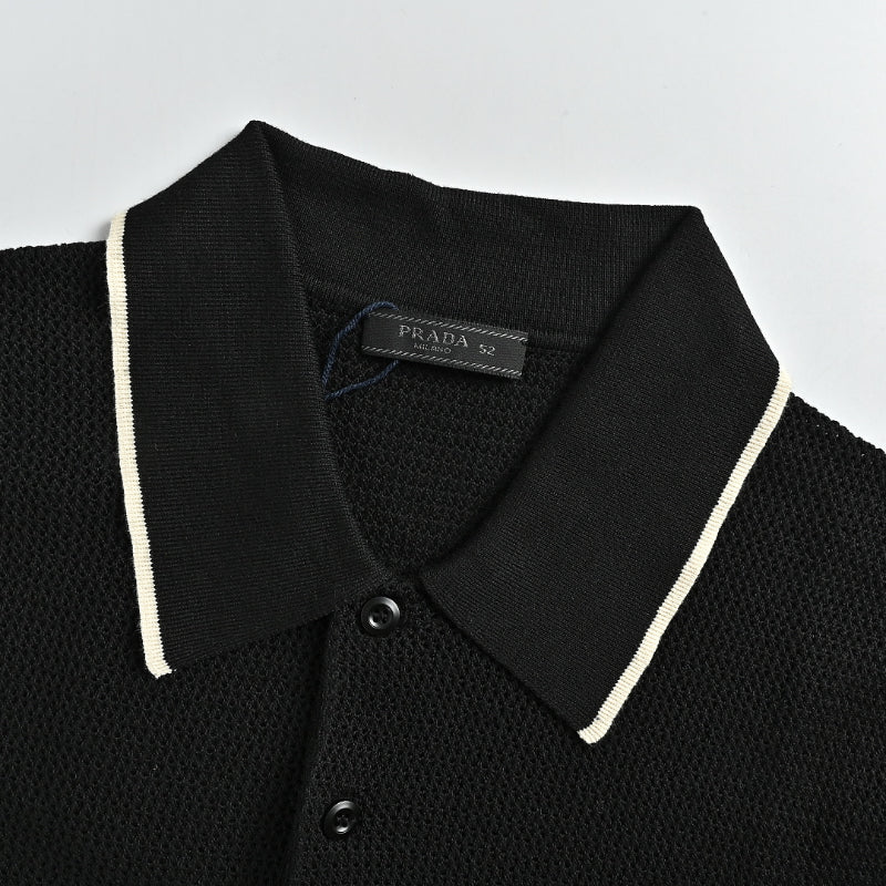 PRADA Milano Honeycomb Knit Tipped Polo Shirt PRD Black
