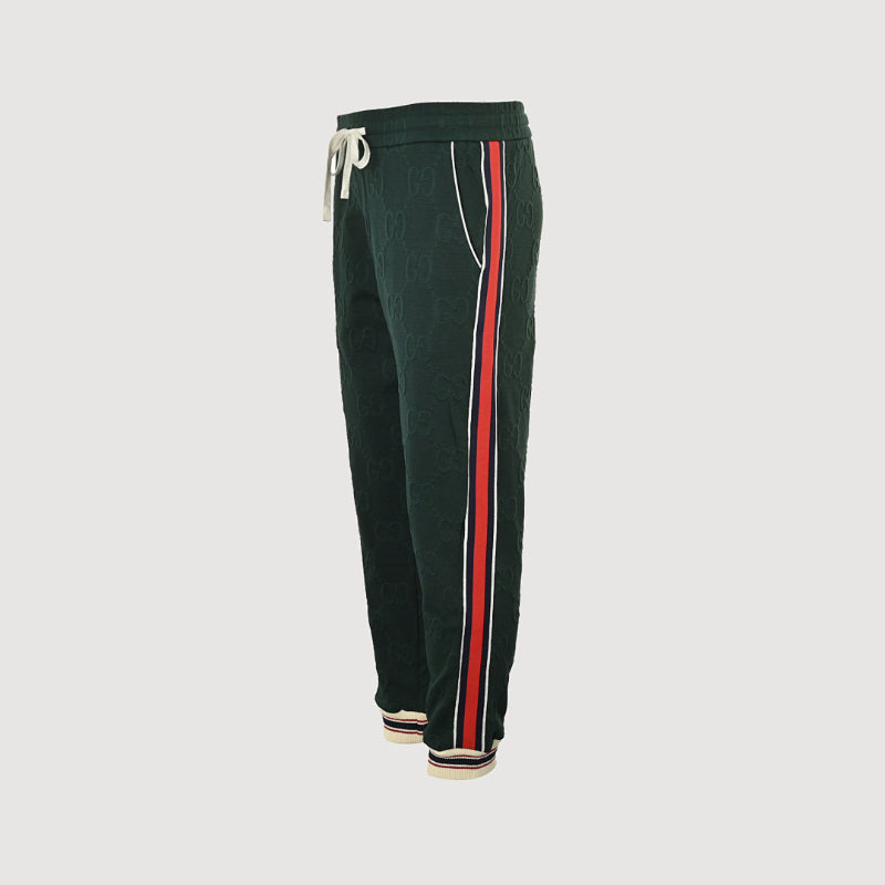 Gucci Forest Green Tone-on-Tone Jacquard Jogger Pants with Tri-Stripe Detail
