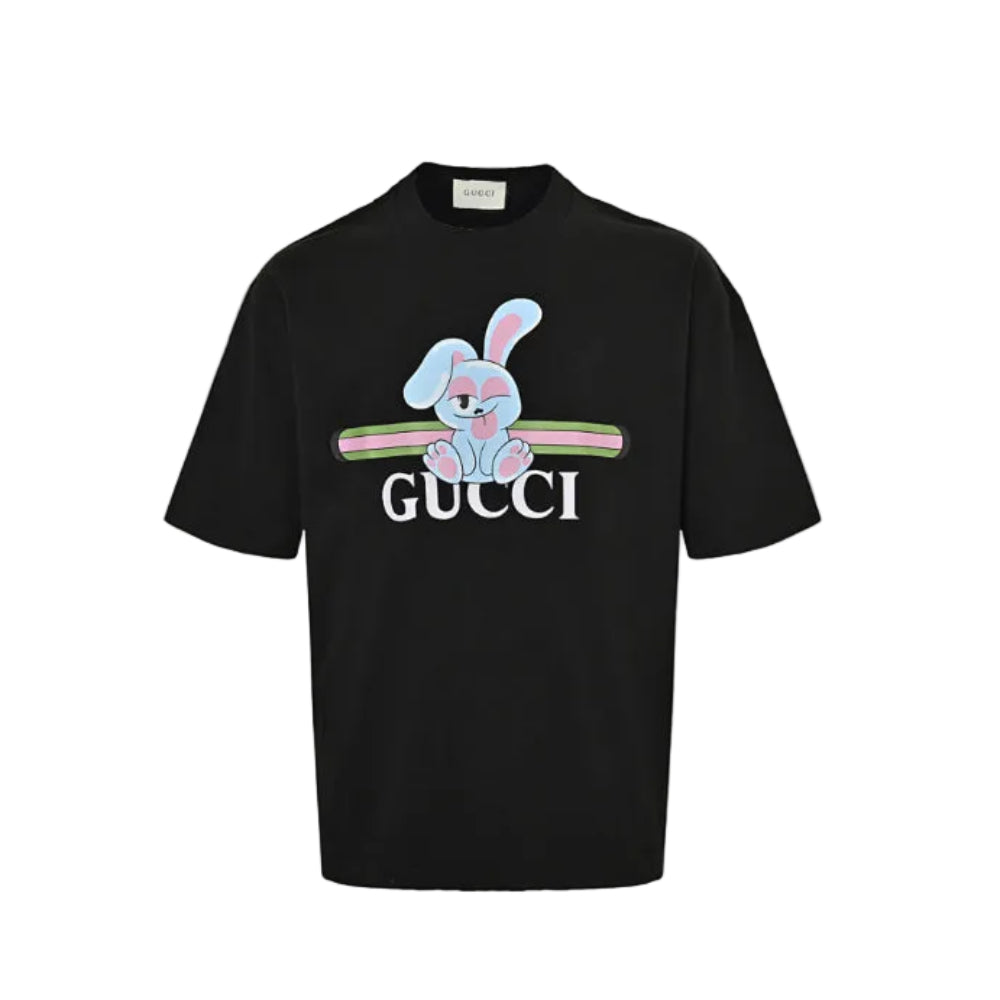 Gucci Black Stripe Ribbon Cartoon Bunny Serif Wordmark Graphic Tee