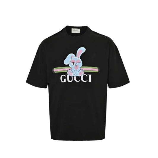 Gucci Black Stripe Ribbon Cartoon Bunny Serif Wordmark Graphic Tee