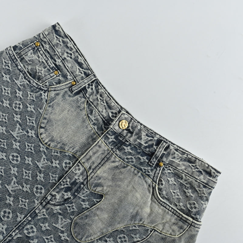 Louis Vuitton Monogram Distressed Wide-Leg Jeans — Grey Wash
