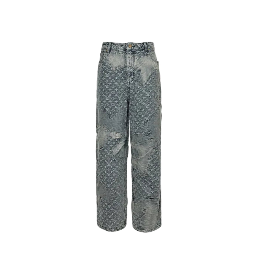Louis Vuitton Monogram Distressed Wide-Leg Jeans — Grey Wash