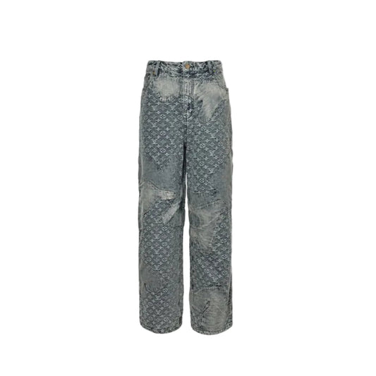 Louis Vuitton Monogram Distressed Wide-Leg Jeans — Grey Wash