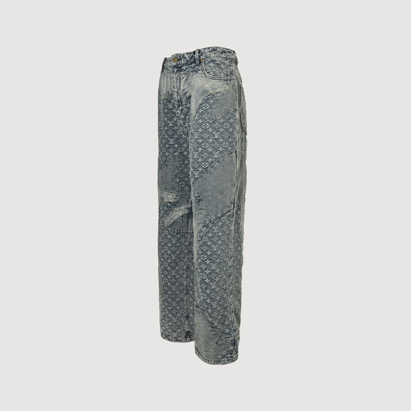 Louis Vuitton Monogram Distressed Wide-Leg Jeans — Grey Wash