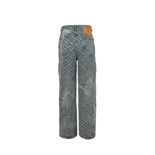 Louis Vuitton Monogram Distressed Wide-Leg Jeans — Grey Wash