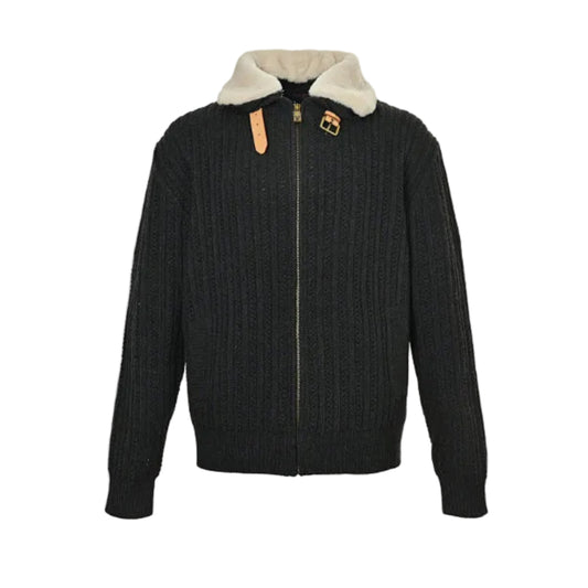 Louis Vuitton Shearling Collar Chunky Rib Knit Zip Jacket – Charcoal