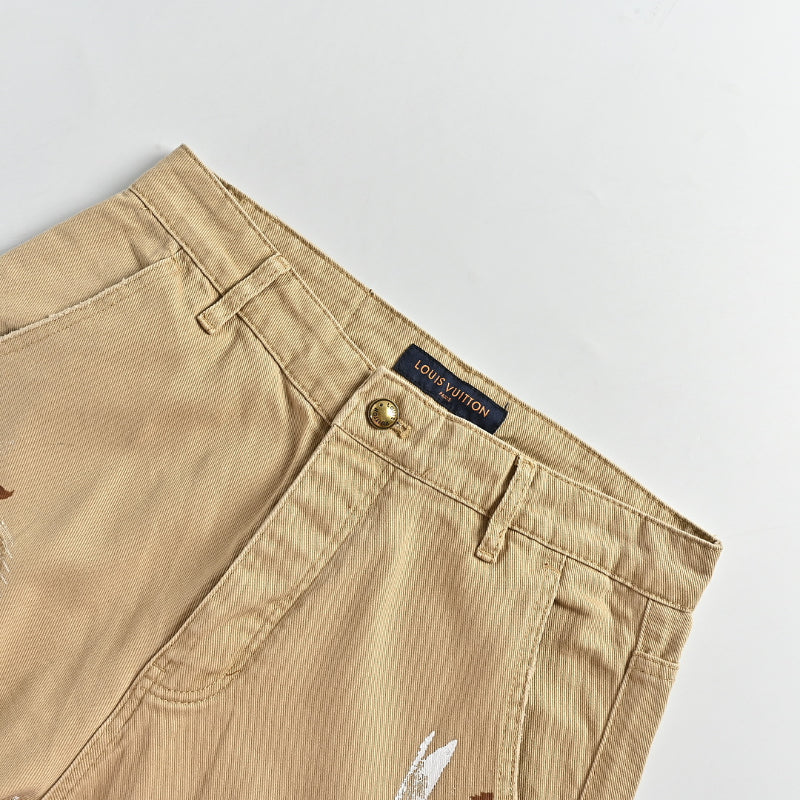 Louis Vuitton Distressed Paint-Splatter Carpenter Shorts — Khaki