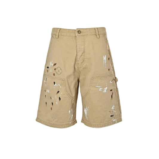 Louis Vuitton Distressed Paint-Splatter Carpenter Shorts — Khaki