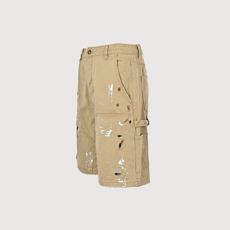 Louis Vuitton Distressed Paint-Splatter Carpenter Shorts — Khaki