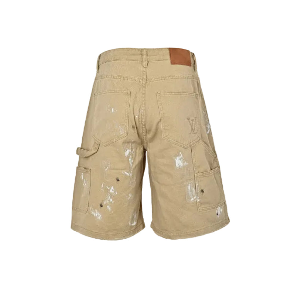 Louis Vuitton Distressed Paint-Splatter Carpenter Shorts — Khaki