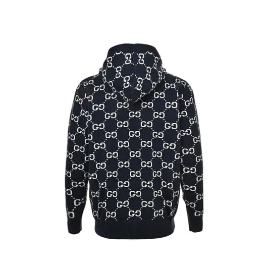 Gucci Navy All-Over Monogram Jacquard Knit Hooded Full-Zip Jacket