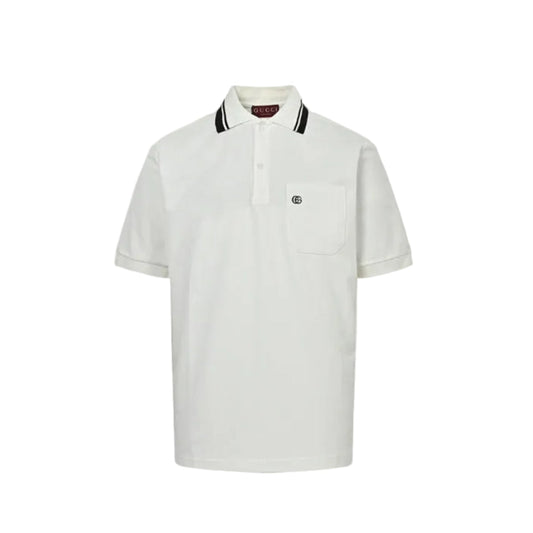 Gucci Ivory Double-Stripe Collar GG Badge Pocket Piqué Polo