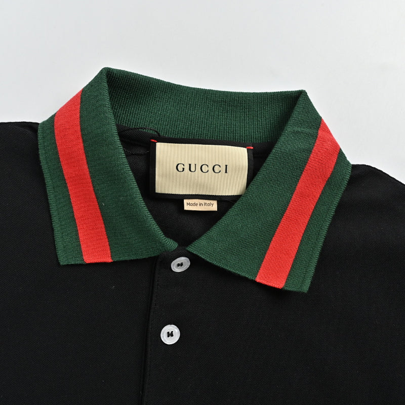 Gucci Black Web Stripe Collar Piqué Polo