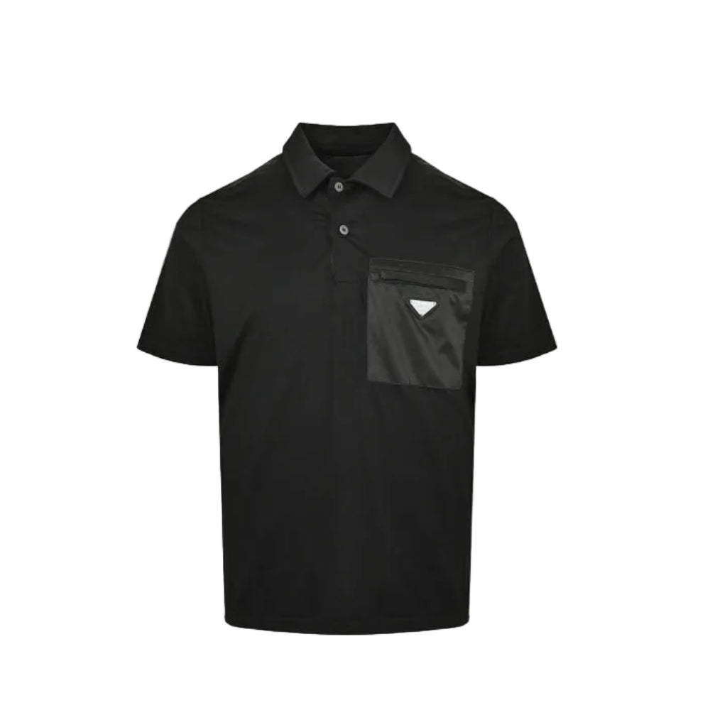 PRADA Milano Black Leather Triangle Logo Patch Pocket Polo Shirt PRD Black