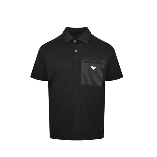 PRADA Milano Black Leather Triangle Logo Patch Pocket Polo Shirt PRD Black