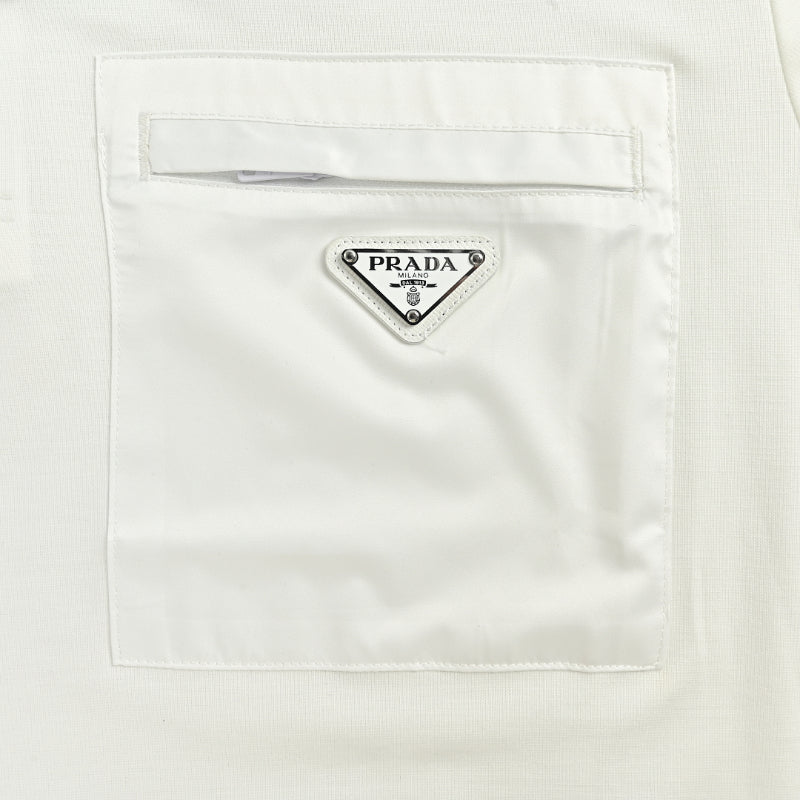 PRADA Milano White Leather Triangle Logo Patch Pocket Polo Shirt PRD Off-White