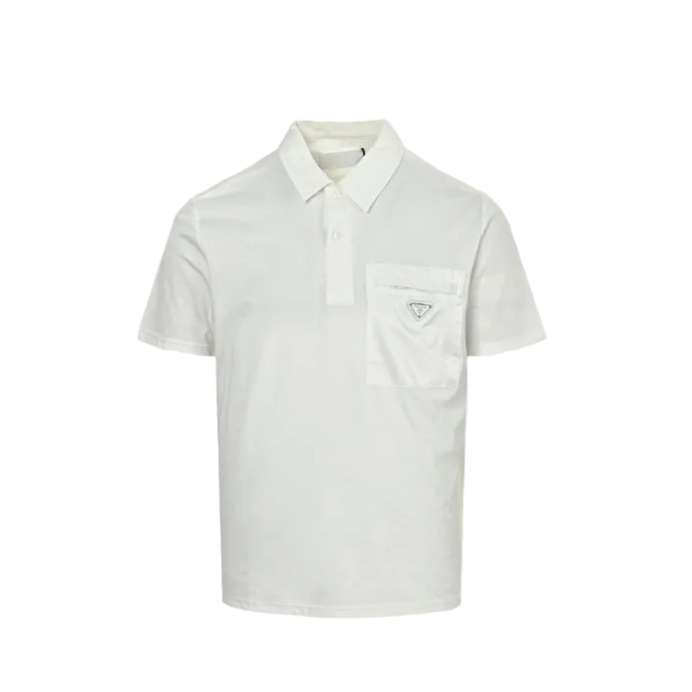 PRADA Milano White Leather Triangle Logo Patch Pocket Polo Shirt PRD Off-White