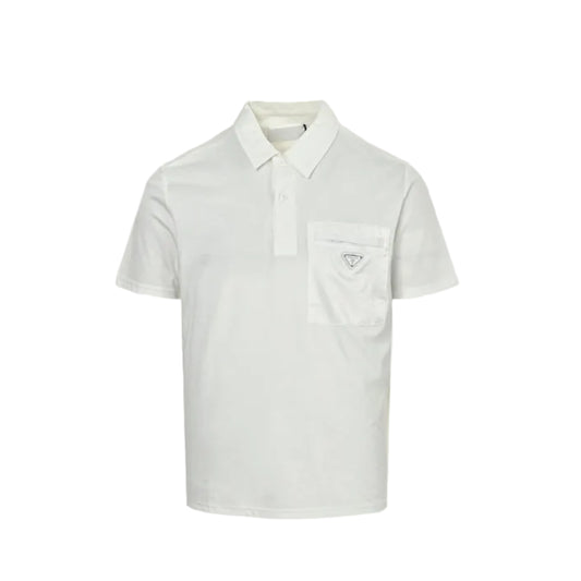 PRADA Milano White Leather Triangle Logo Patch Pocket Polo Shirt PRD Off-White