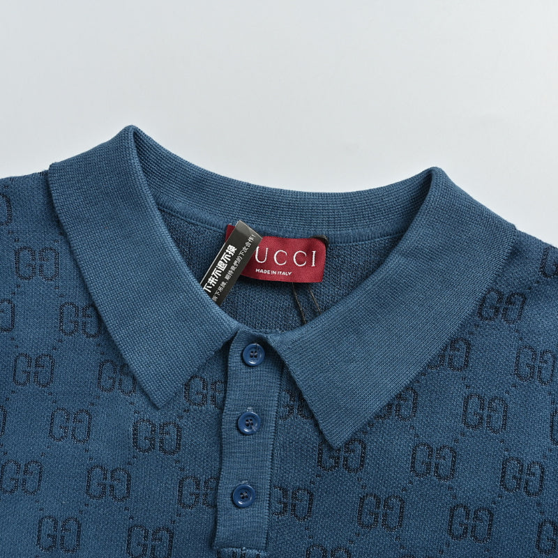 Gucci Navy-to-White Ombré GG Jacquard Knit Polo