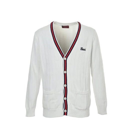 Gucci White Textured Knit V-Neck Cardigan with Tricolor Stripe Trim